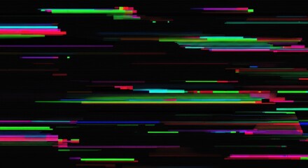 Fototapeta premium Colorful horizontal glitch lines scattered on black digital screen background. 