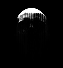 Vector skull, dissolving vertical lines and particles on a black background. Bold contrast of light and shadow. Futuristic, glitch-inspired design. © Kundra