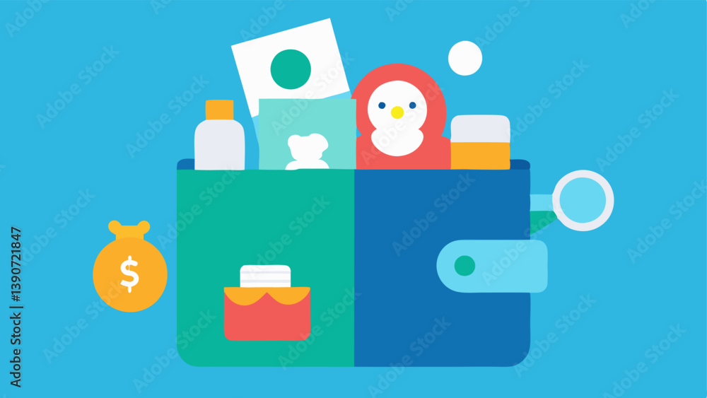 Poster empty wallet an of an open wallet with empty pockets surrounded by toys baby bottles and bills showi