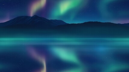 Naklejka premium A serene lake surrounded by lush greenery and bathed in vibrant shades of purple and green light from the sky