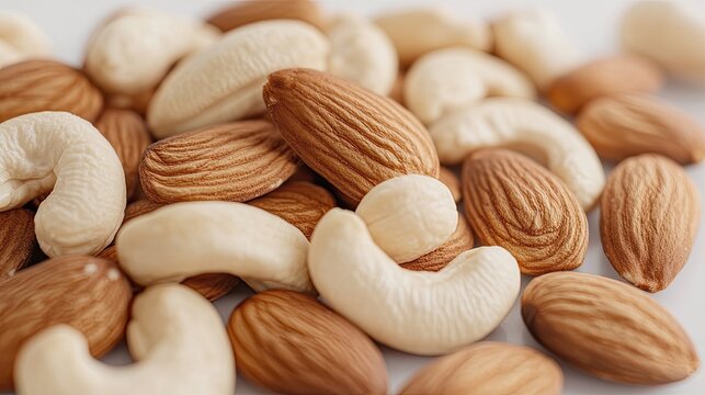 A sharp close-up shot of overlapping almond and cashew slices resting neatly on a glowing white surface
