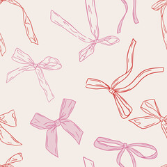 Seamless pattern of hand-drawn linear style bows perfect for wedding and Valentine’s Day design.