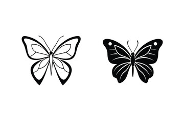 Two Butterfly Silhouette Illustrations With Open And Filled Designs On White Background
