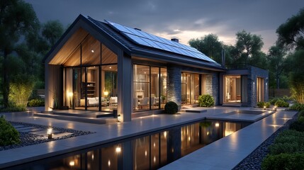 Fototapeta premium Modern Luxury Farmhouse Night View Stunning Architectural Design Home Exterior Evening Residential Building Solar Panels Pool Landscape Beautiful House Illumination Nighttime Home Exterior Wood Dark 