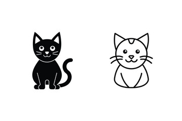 Cartoon Cat Icons Black Silhouette And Outline Simple Vector Illustration