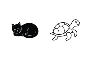 Black Cat Sleeping Next To A Turtle Vector Illustration On White