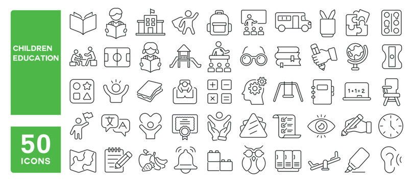 Set of 50 line icons related to children education, child development, kids activity, early learning, child skills, school, kindergarten, Editable stroke. Vector illustration