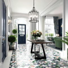 Bright Hallway Interior with Patterned Floor and Modern Console Table