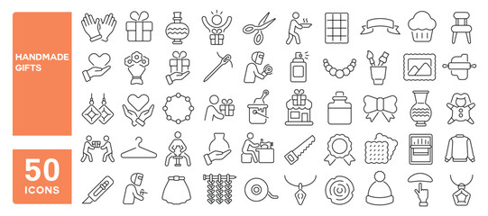 Set of 50 line icons related to handmade gifts, made with love, textile, cook, pottery, draw, craft, decorating, gift package, Editable stroke. Vector illustration