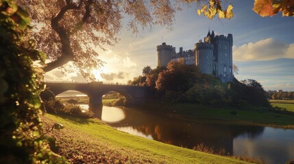 Malahide castle at sunset near dublin, ireland, with bridge and river