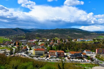 Fototapeta premium View of the town of Buzet and forest covered hills behind in Istria, Croatia