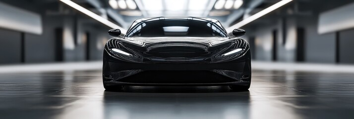 Sleek and Polished Front View of a Modern Black Luxury Vehicle Emphasizing Speed and Performance
