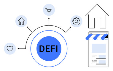 DeFi in blue circle connects icons showing financial services, property, shopping, and more with a mobile interface. Ideal for fintech, cryptocurrency, blockchain, finance, ecommerce innovation