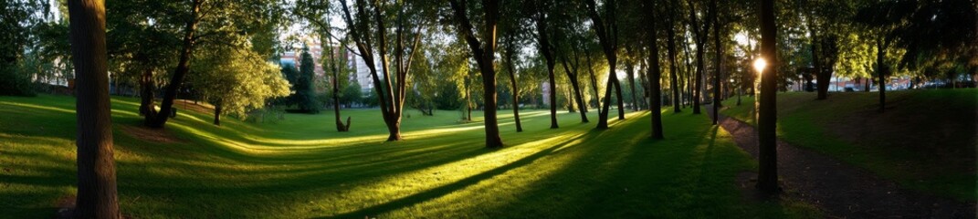 Obraz premium A panoramic view of a Texas urban park in America features green grass, large pine trees, and a walking and running trail at sunset, showcasing a composition of natural elements with a parking lot in