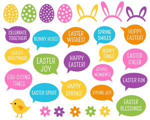 Easter vector design elements, speech bubbles with holiday greetings, bunny ears, flowers, a cute chick, flowers