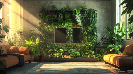 Fototapeta premium A cozy living room with a vertical garden and television