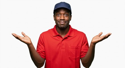 Fototapeta premium Mid-shot of a black male delivery driver in uniform, shrugging with both hands raised and an unsure expression 