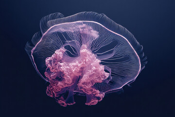 pink-tinged jellyfish performing hypnotic undulation through indigo oceanic environment, bioluminescent features highlighted