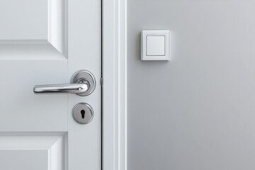 Fototapeta premium Modern Ajar Bathroom Door with Sleek Chrome Handle and Light Switch Against a Soft Gray Wall