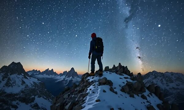 Mountain Climber Successfully Reached The Highest Peak. Clear Night Sky With Thousands Of Stars In The Background. 4k video 