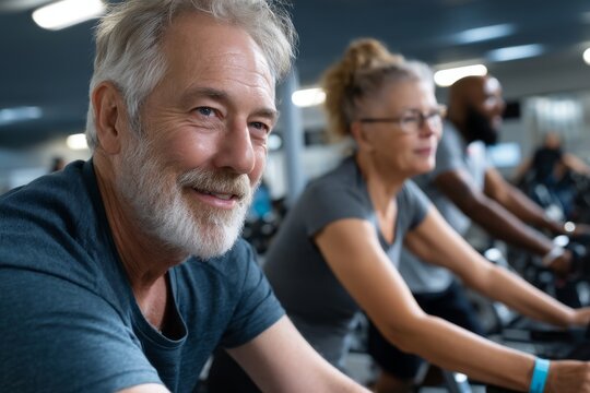 Elderly individuals exuding self-assurance while pedaling stationary bicycles during a spinning session at the fitness center
