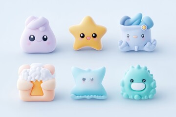 Cute cartoon characters in pastel colors.  A collection of whimsical, 3D rendered, kawaii creatures.  Each character features expressive eyes, simple shapes, and soft, pastel color palettes.