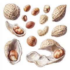 Set of 12 peanuts and shells illustration