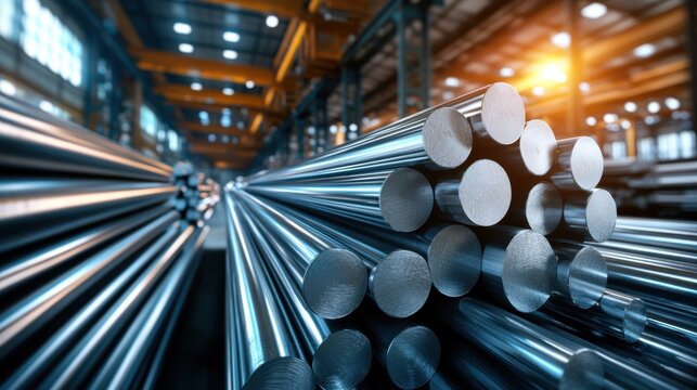 Circular steel bars stacked in warehouse: industrial manufacturing scene