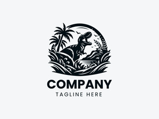 Obraz premium Tyrannosaurus Rex Roaring Prehistoric Foliage Dinosaur Era Vector Logo Design