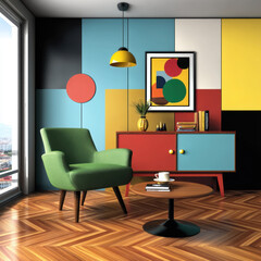Colorful Mid Century Modern Living Room with Geometric Wall Decor