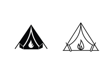 Camping Tent And Fire Icons Solid And Outline Style Black And White