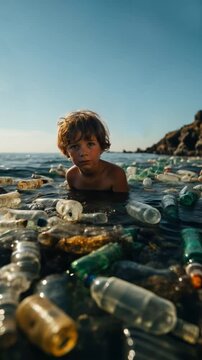sad little boy in the sea bathing among the sea garbage contaminated with plastic bottles