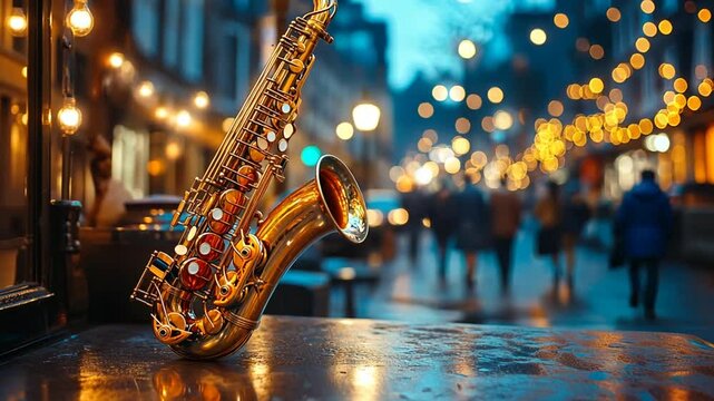 Golden saxophone on table, city lights, evening scene, music, atmosphere, street performance