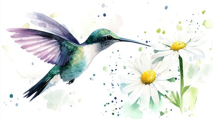 Obraz premium Hummingbird over Daisies with Watercolor Splashes - A watercolor painting captures a vibrant hummingbird soaring above daisy fields, while water