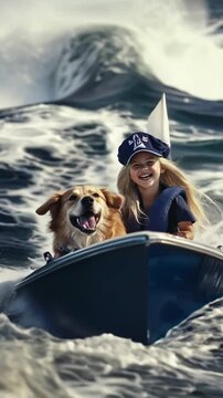 smiling, happy girl in blue attire sailing in a small boat with her dog, having fun in the company of her pet