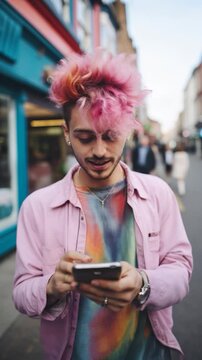 young genderqueer gay bisexual modern look using a smartphone, and wearing pink outfit urban lifestyle vertical