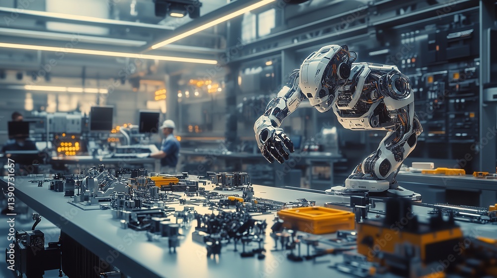 Poster advanced robotic arm precision assembly manufacturing process futuristic technology industrial autom