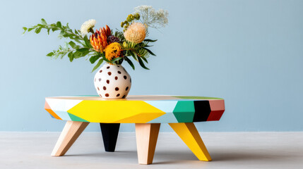 Geometric Coffee Table with Vibrant Yellow Top and Flower Bouquet