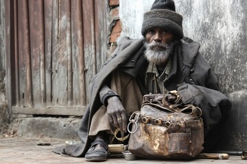 Un anciano con barba y gorro está sentado contra una pared desgastada, con un bolso de cuero desgastado a su lado.