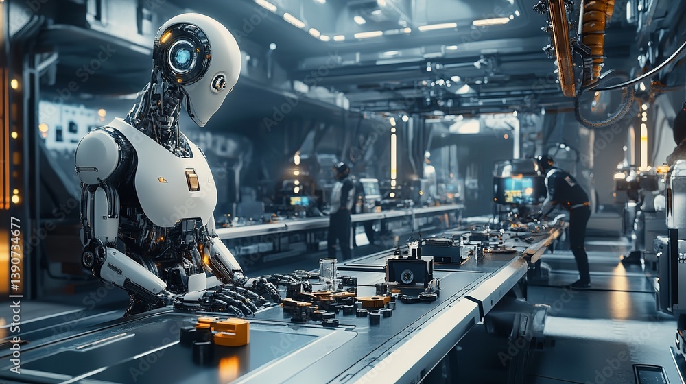 Poster advanced robotic assembly line futuristic factory industrial automation technology white robot worke