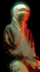 Una figura encapuchada en un entorno oscuro, con una paleta de colores verde y rojo que crea una atmósfera misteriosa y ligeramente inquietante.