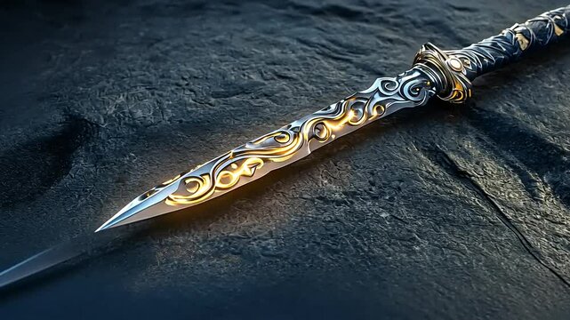 Ornate dagger with intricate designs resting on a textured stone surface, illuminated by soft light
