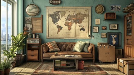 A vintage inspired living room with world map decorations and furniture