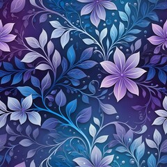Floral Design, Abstract Nature Artwork. Blue And Purple Branches, Glossy Leaves. Elegant Tendrils, And Droplets. Soft Light Background. Artistic Beauty.