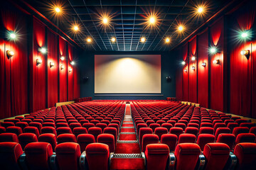 Fototapeta premium A vibrant cinema hall with rows of red seats and a projector screen in a modern movie theater setting