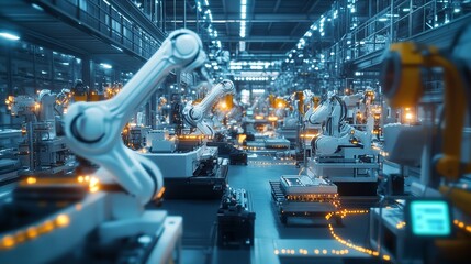 Obraz premium Advanced Robotic Automation in Modern Factory Industrial Manufacturing Technology Process Futuristic Smart Production Line High Tech Engineering 
