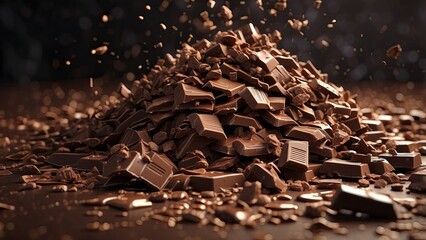 Chunks of milk chocolate and cocoa powder explode against a dark background