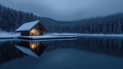 Obraz premium Rustic cabin on a frozen lake at twilight. Snowy winter landscape