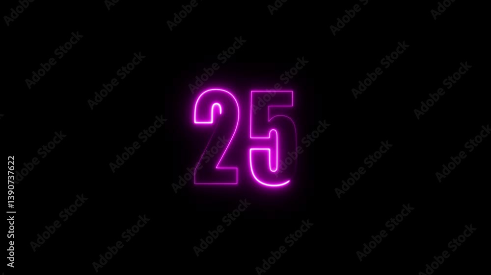 Poster abstract glowing neon text 25number countdown icon. glowing sign on black background neon number. gl