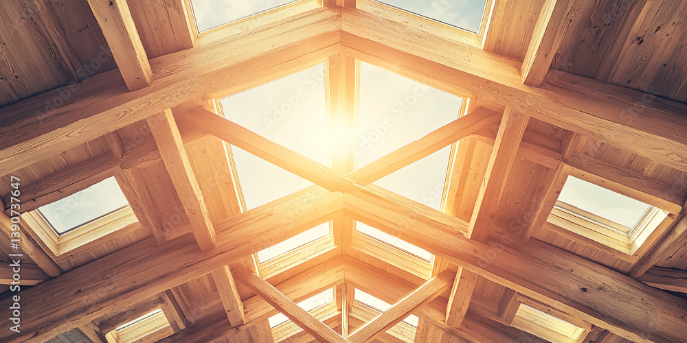 Poster wooden ceiling with multiple skylights, showcasing sunlight beams through a complex timber structure